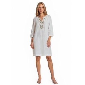 Chico's 100% Linen Tunic Dress Women's Size 10 1.5 White Beaded Sequin Beaded